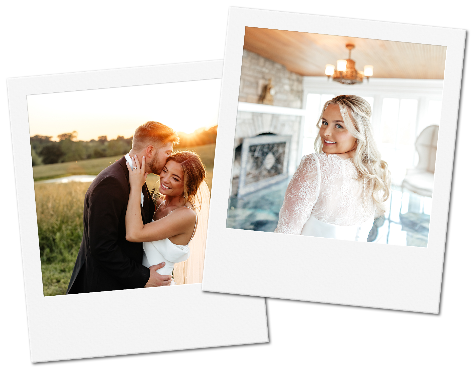Two polaroid-style photos of a bride and groom. One shows them embracing outdoors. The other features the bride smiling.