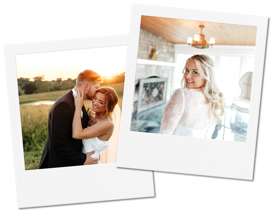 Two polaroid-style photos of a bride and groom. One shows them embracing outdoors. The other features the bride smiling.