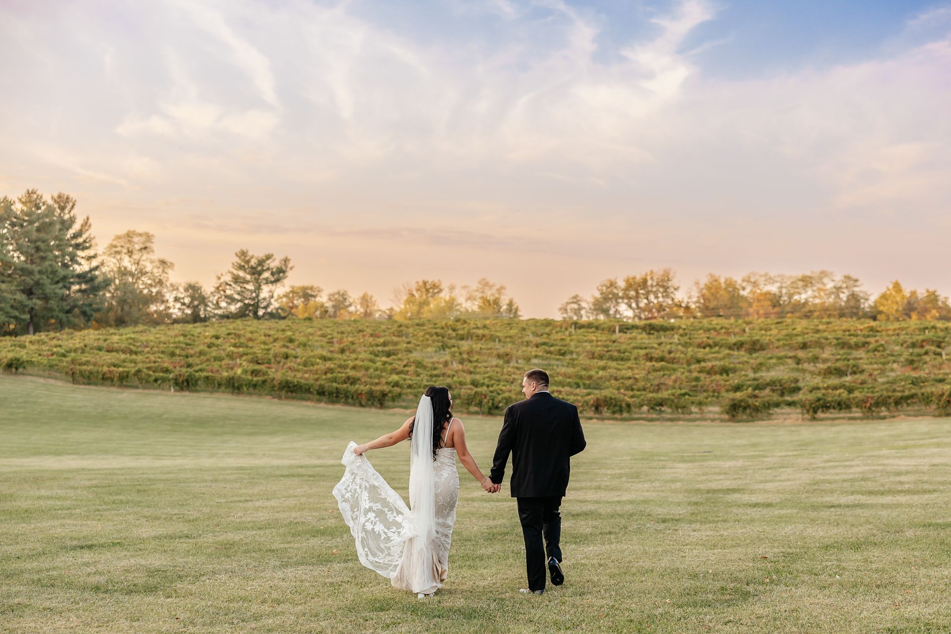 Bride and groom holding hands, walking across a grassy field toward a vineyard at sunset.