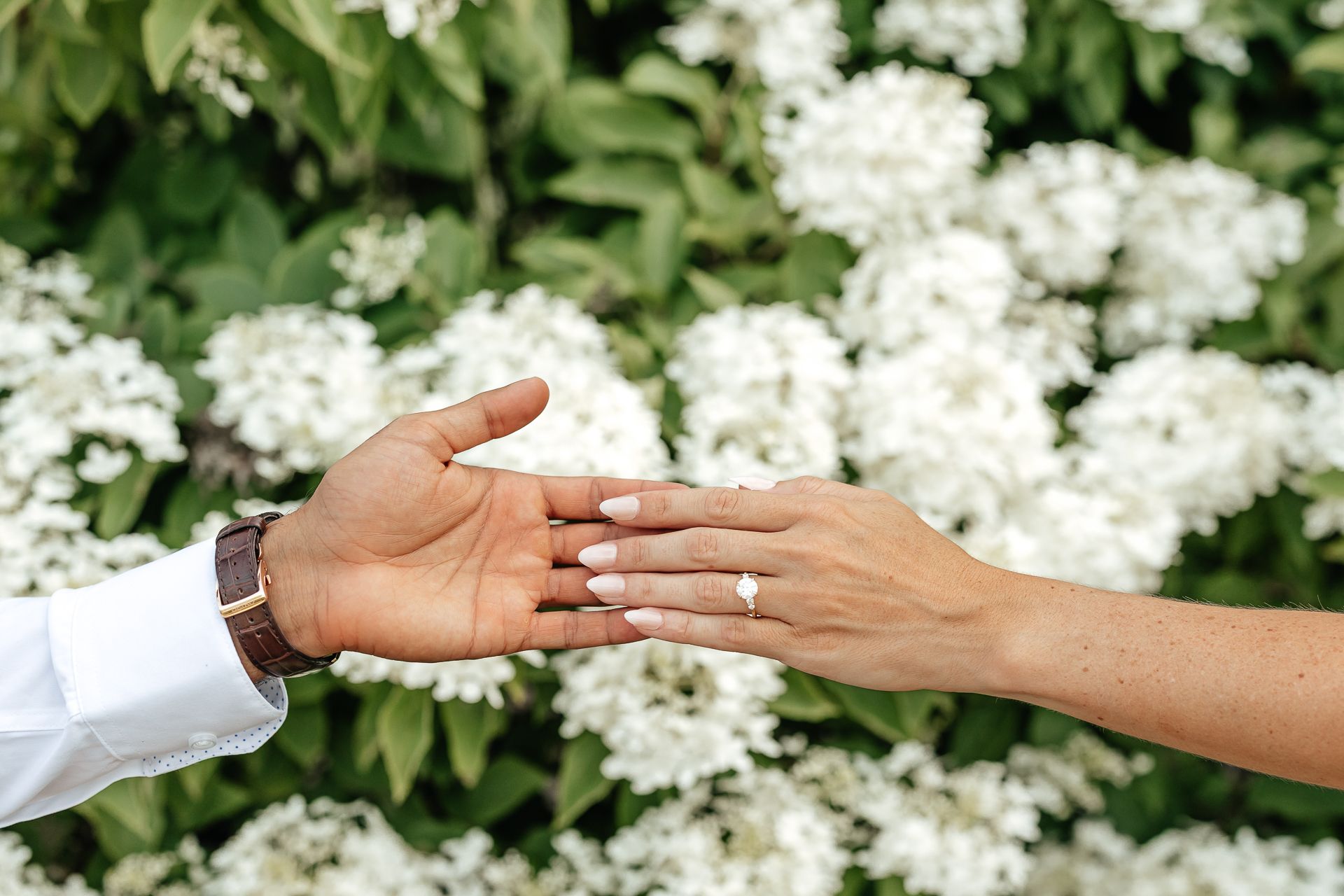 Hands touching; a diamond ring is visible on one hand, against a backdrop of white flowers.