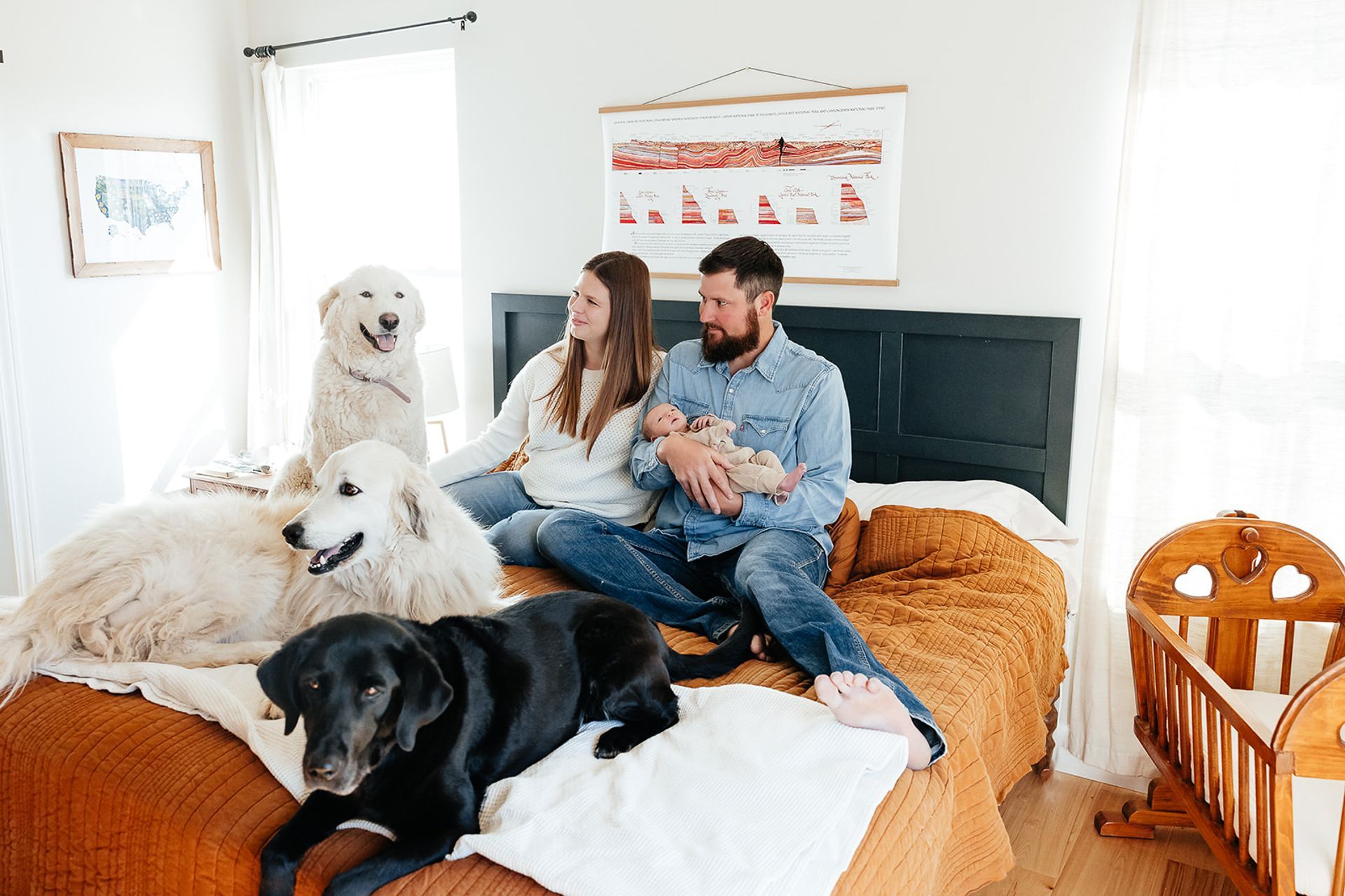 Family with newborn and three dogs on a bed in a bedroom; smiling, happy.