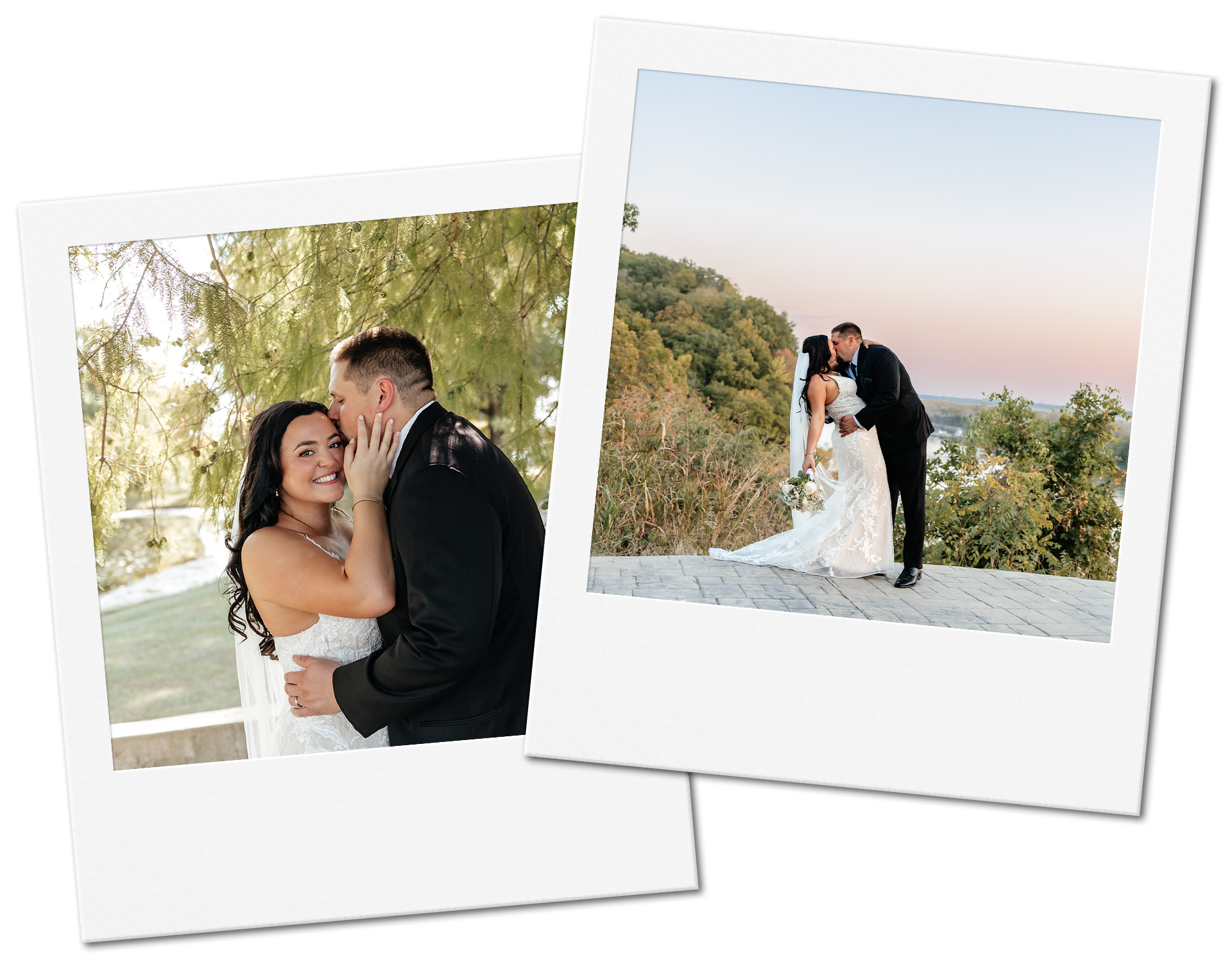 Two wedding photos: couple kissing, bride in white dress, groom in black suit. Scenic outdoor setting.
