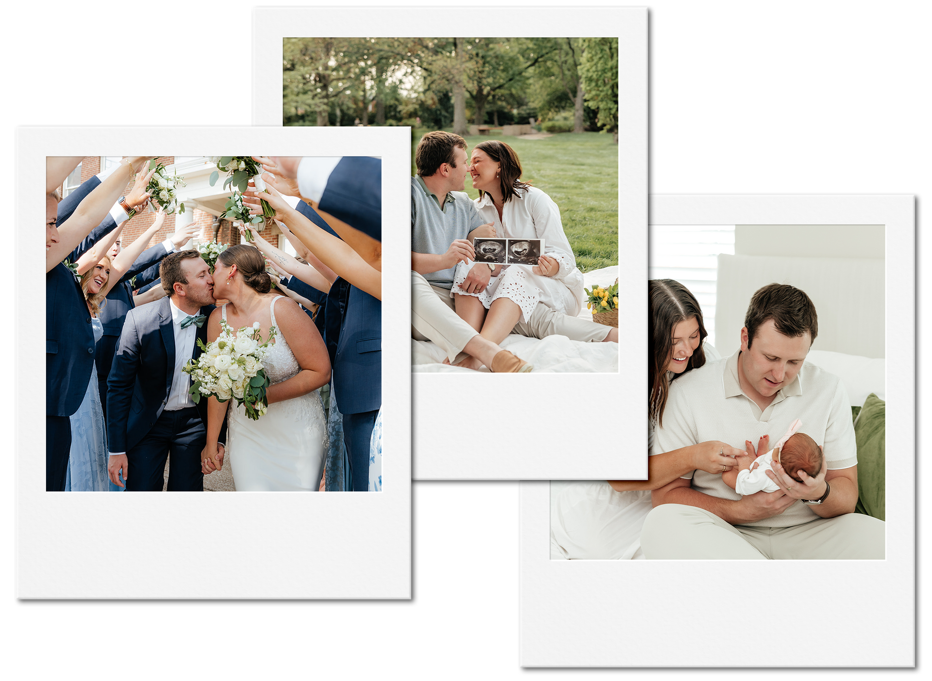Wedding, couple kissing with raised arms. Couple with baby on picnic. Parents holding newborn.