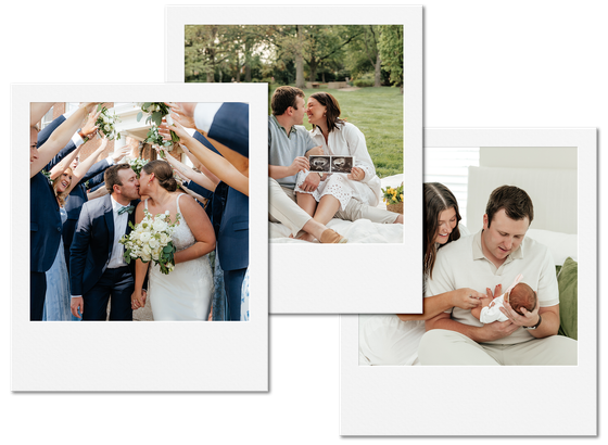 Wedding, couple kissing with raised arms. Couple with baby on picnic. Parents holding newborn.