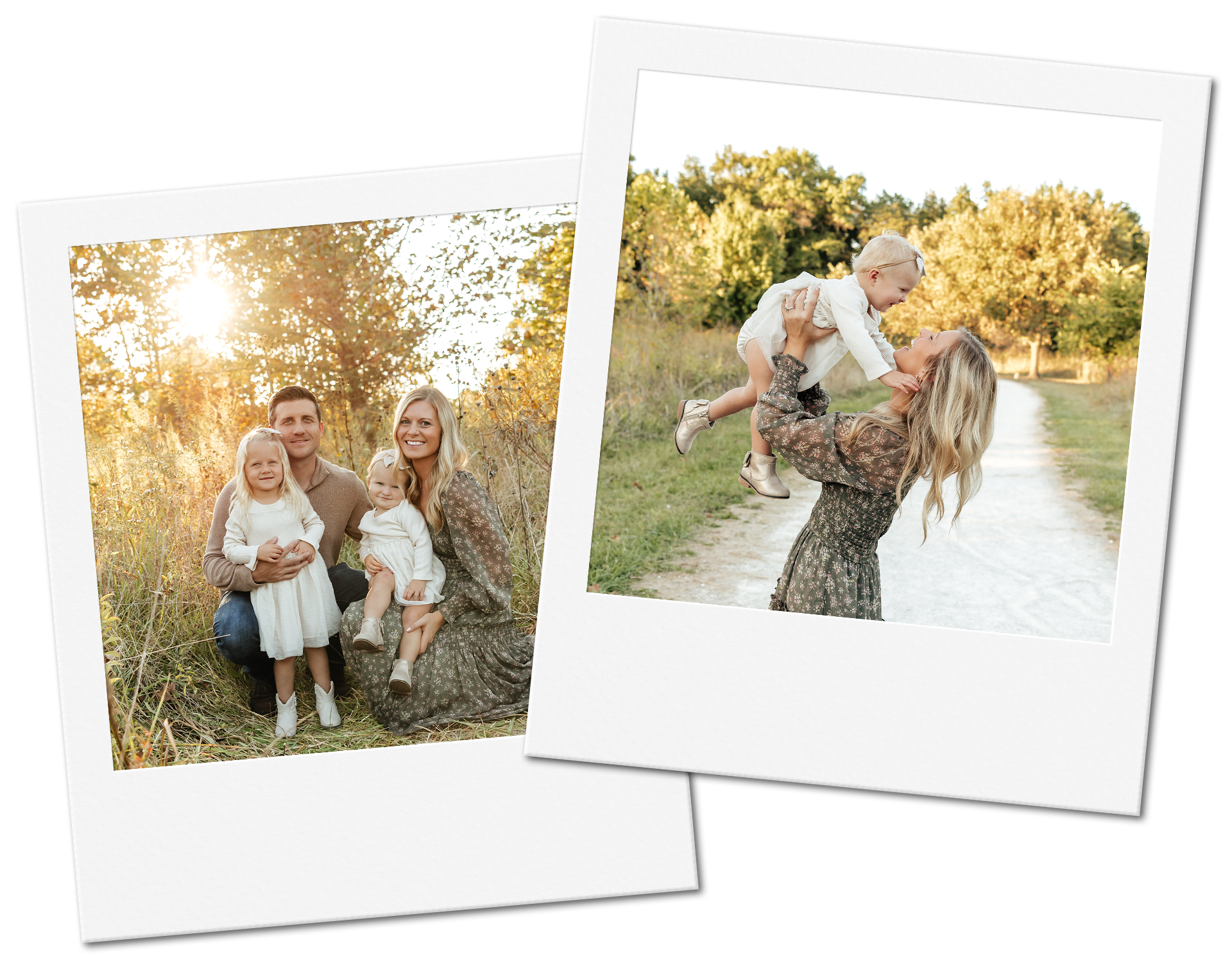 Family photos: Parents with two children outdoors. One photo, mother tossing child. Golden light.