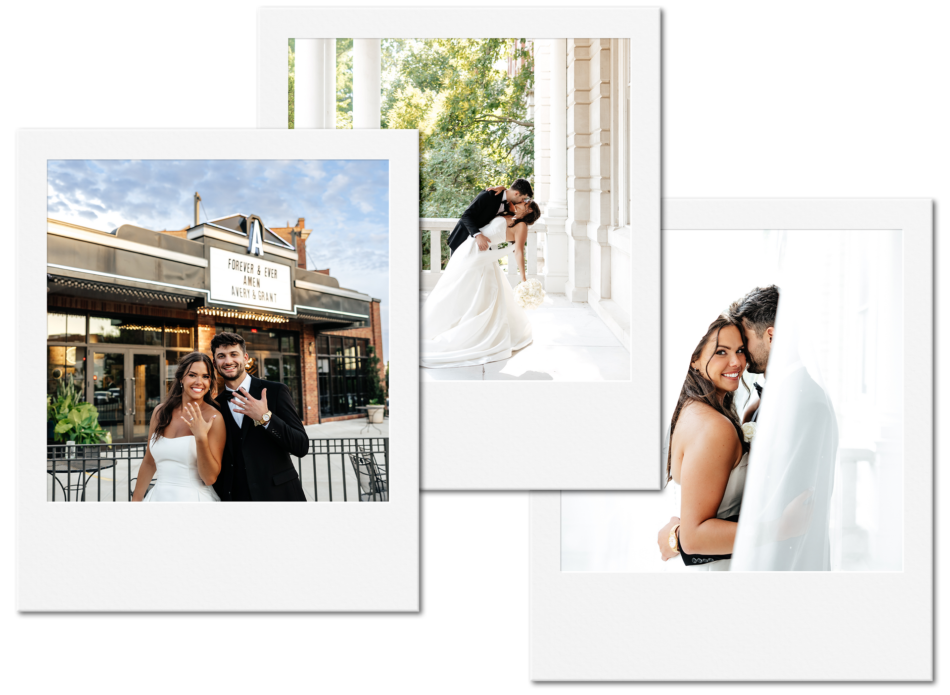 Three polaroid photos of a couple at a wedding. Locations vary: a building exterior, a porch, and an interior with natural light.
