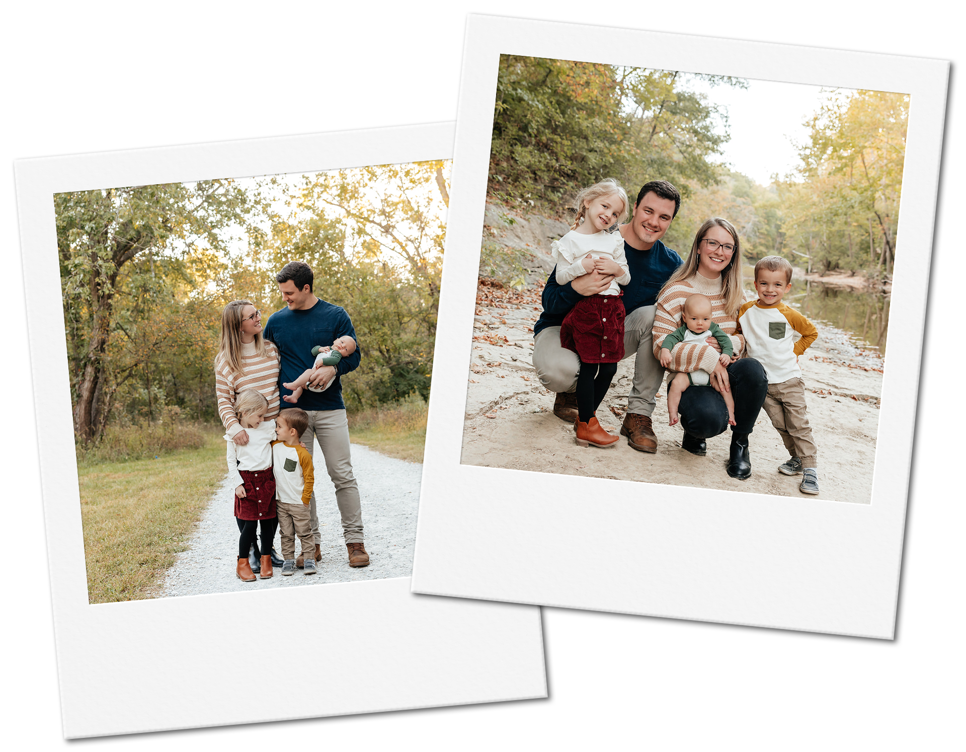 Family posing for photos on a path and a dirt road in a natural setting.