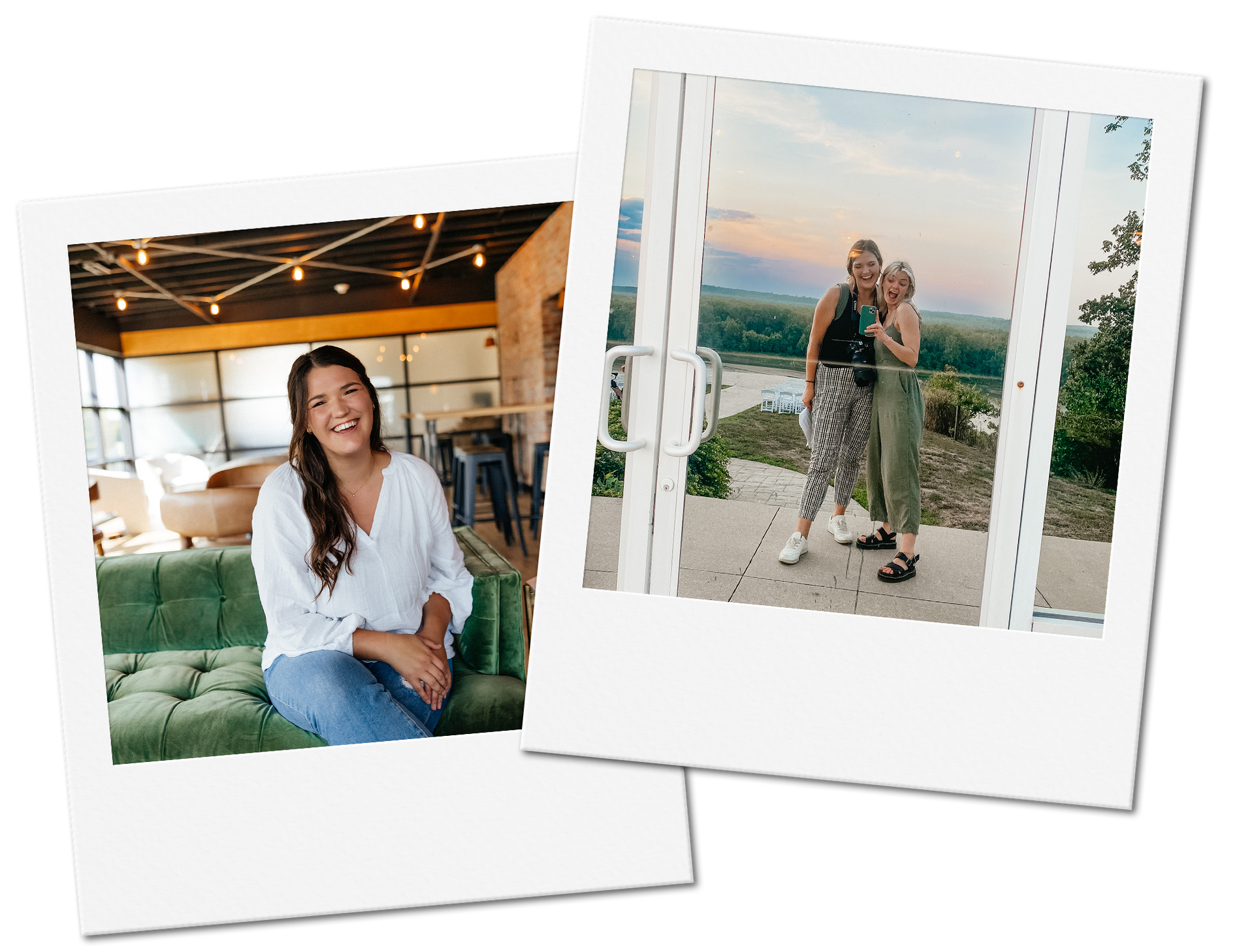 Two polaroid-style photos: Woman on green couch in a modern space; two people embracing outdoors with scenic view.