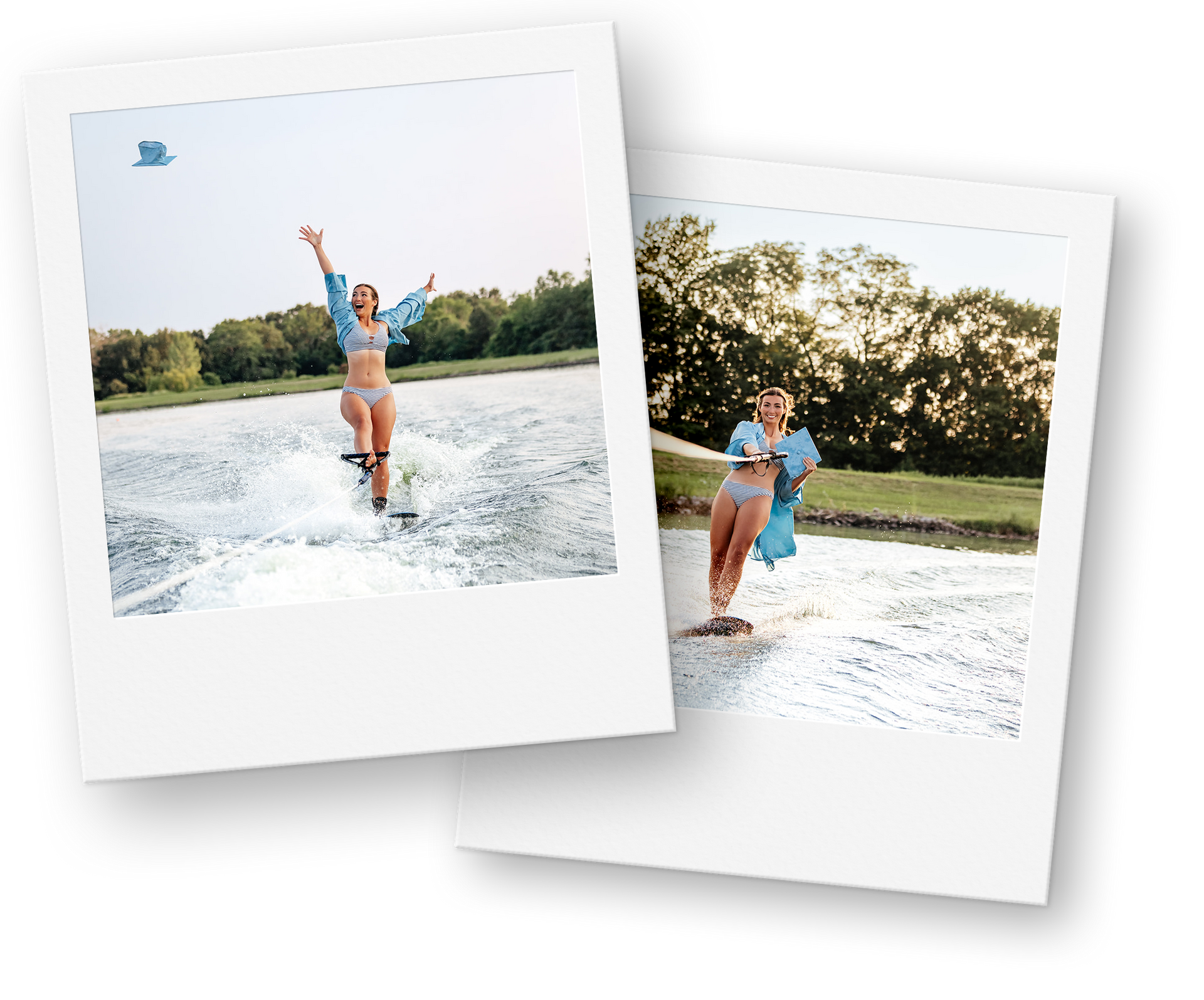 Woman water skiing, arms raised, on a lake; another image shows her water skiing with a smile, sunny outdoors.