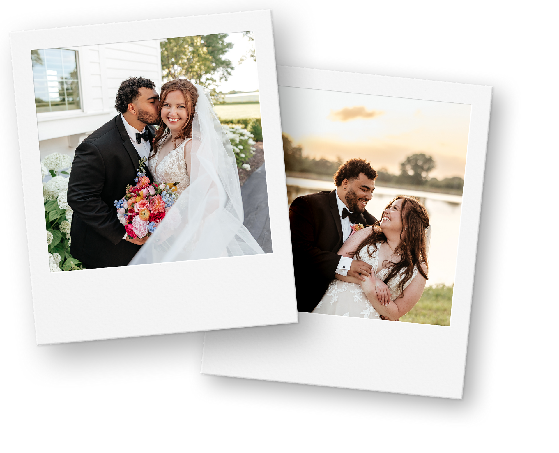 Two polaroid photos of a wedding couple: man in a tux kisses the bride near a building; couple smiles at sunset near water.