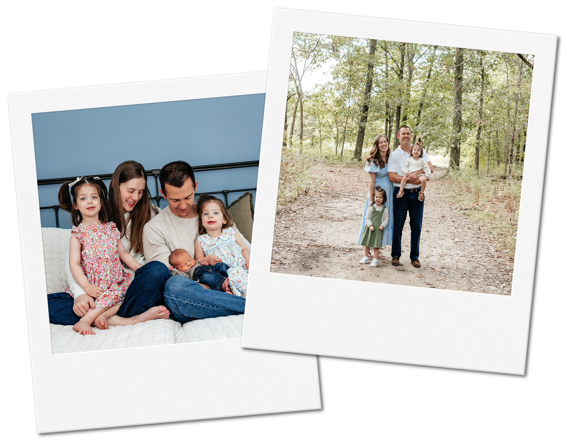 Family portraits, one indoors, one outdoors. They include parents and young children, smiling.