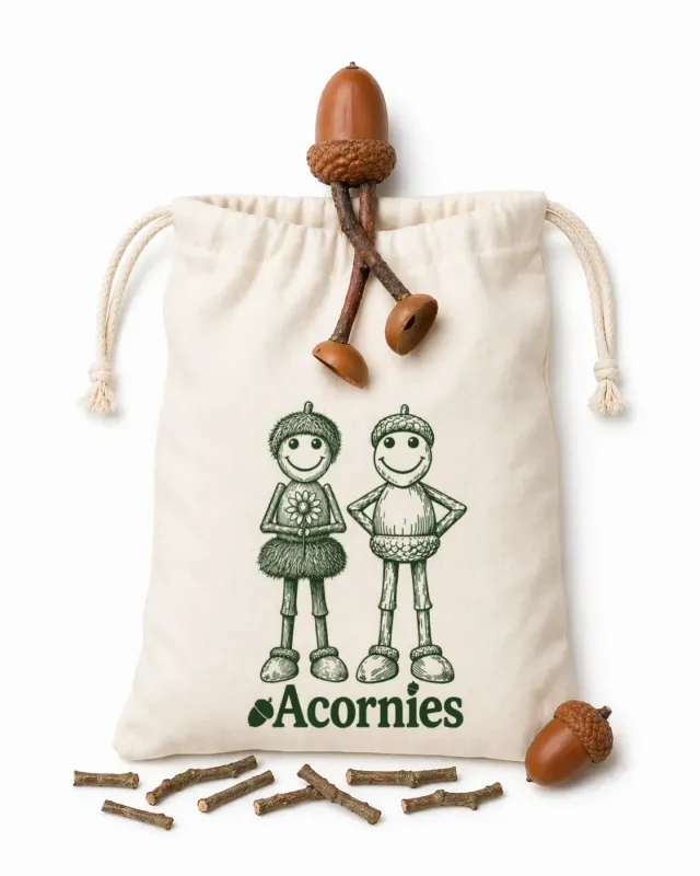 A cotton bag showing the Acornies logo and two acorn characters with twig stub arms. An acorn with twig legs peeks out the top.