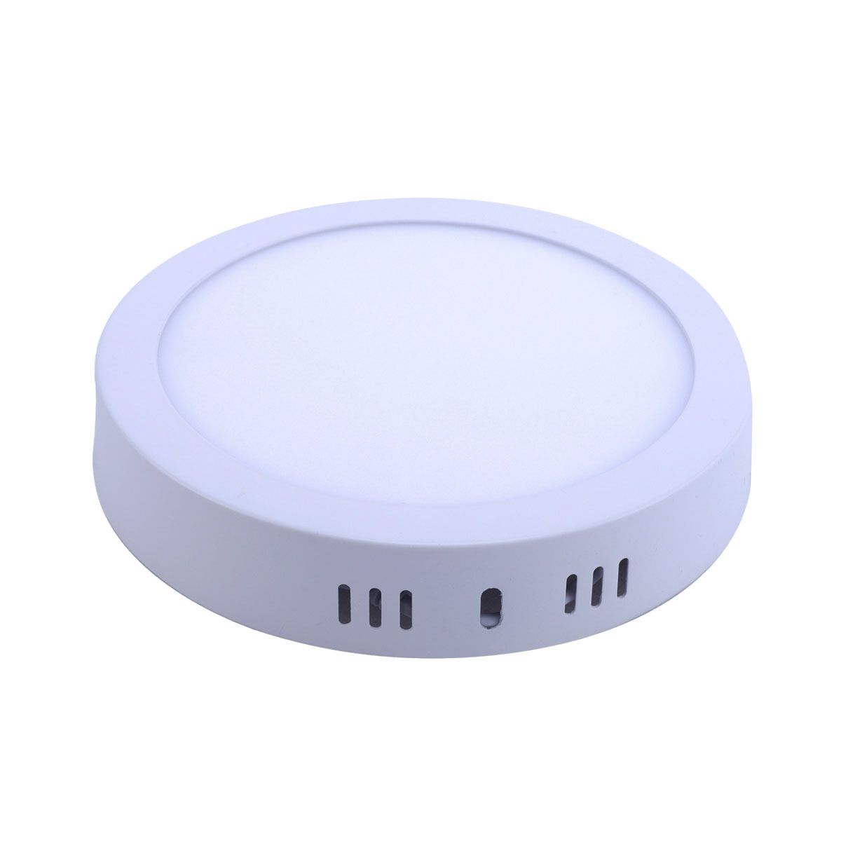 Plafón LED circular blanco con ranuras de ventilación.