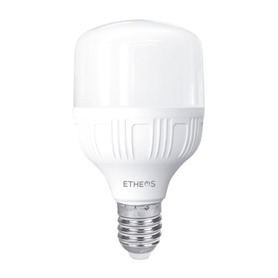 Bombilla LED blanca con tapa ancha y redondeada y casquillo de rosca. Se puede ver la marca 