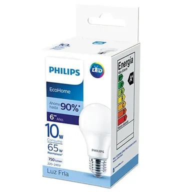 Caja para bombillas LED Philips EcoHome. Blanca con detalles azules. Indica la bombilla y su clasificación energética.
