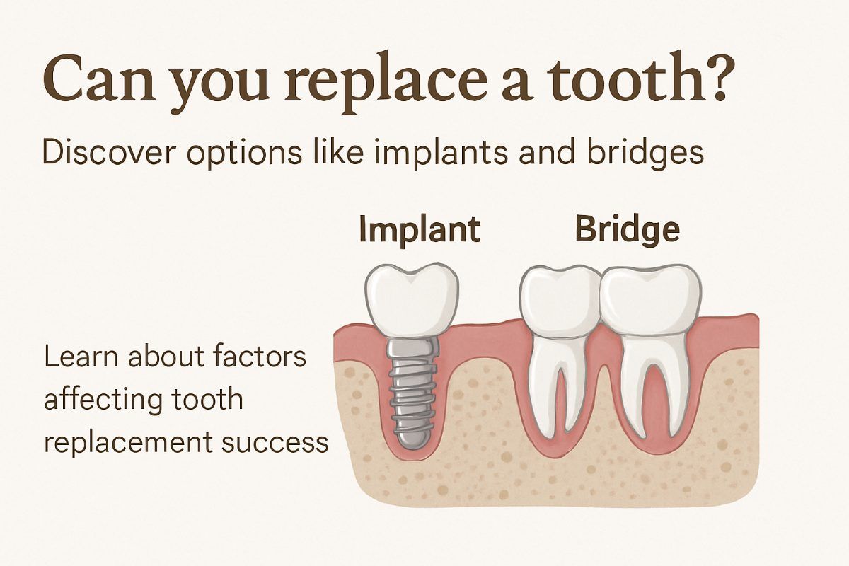 An illustration comparing different tooth replacement options, such as a dental implant, bridge, and