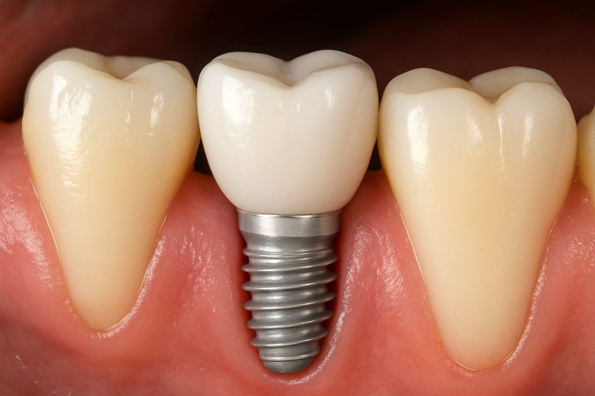 Close up image of a dentist placing a front tooth implant into a patient's mouth, showcasing the pre