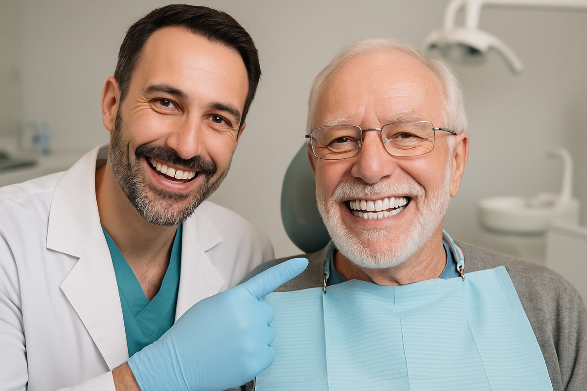 A dentist is smiling while pointing to a set of full mouth dental implants in a patient's mouth. The