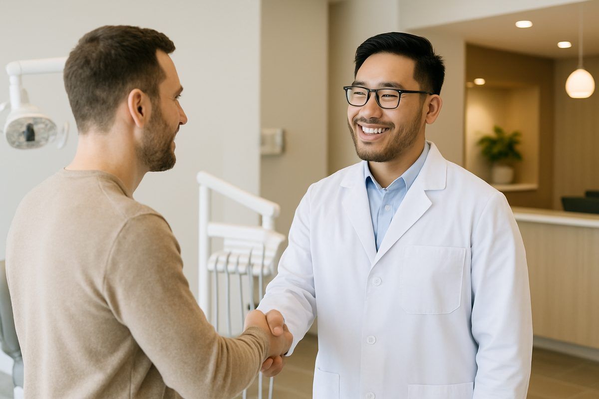 A friendly dentist in Irvine, CA, smiling and shaking hands with a new patient in a modern dental office. The background includes dental equipment and a welcoming reception area. No text.
