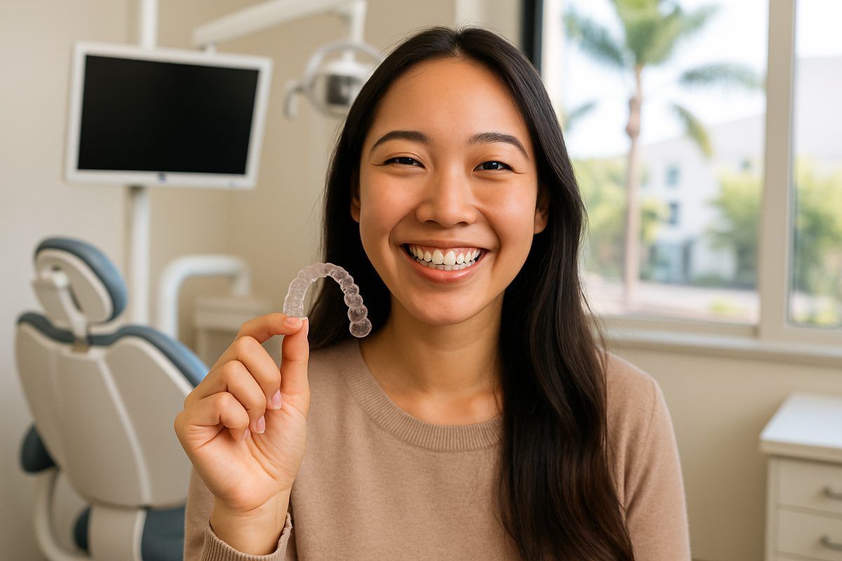 A smiling woman in Irvine, CA is showing off her clear aligners to the camera in a dental office. No