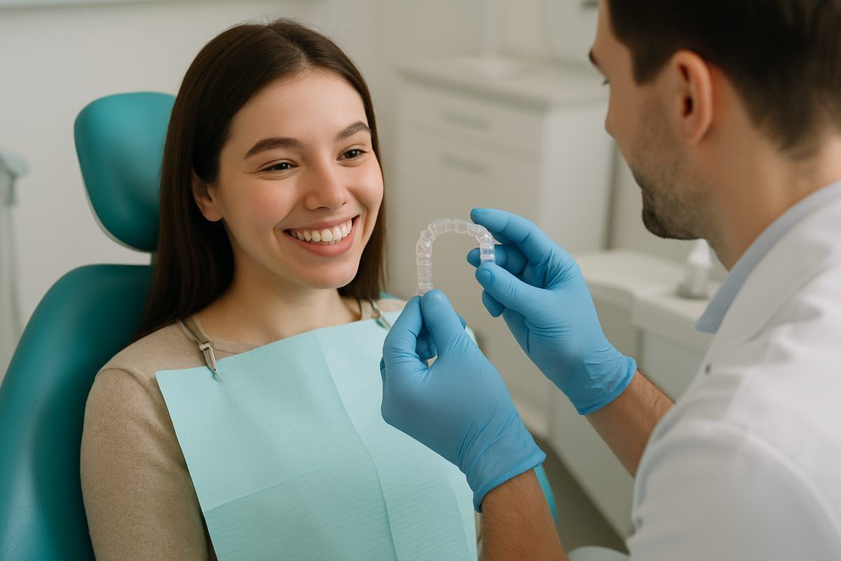 A young woman sitting in a dental chair smiling as the dentist shows her the Invisalign aligners. No