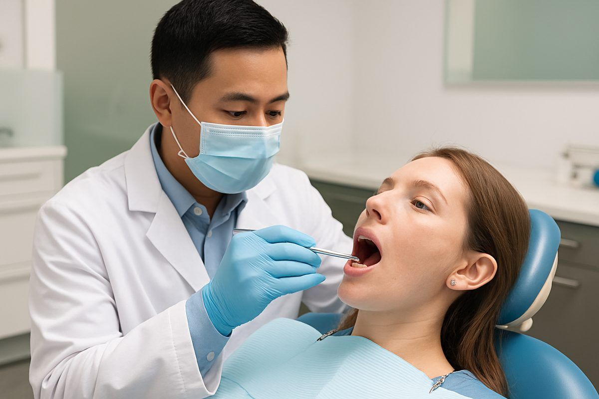Photo of a dentist in Irvine, CA, performing a gum disease examination on a patient, using a probe t