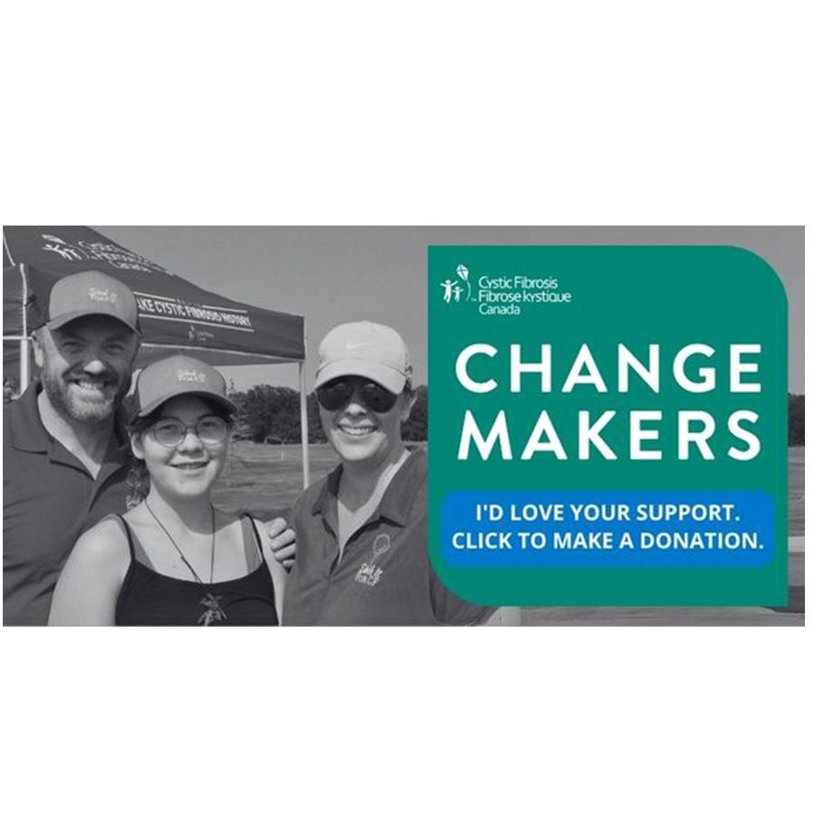 Three adult Change Makers at a golf tournament, includes CHange Makers branding and the words, I'd love your support