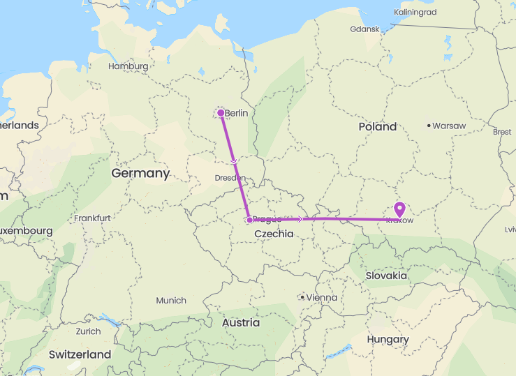Map showing a purple line route from Berlin, Germany to Krakow, Poland
