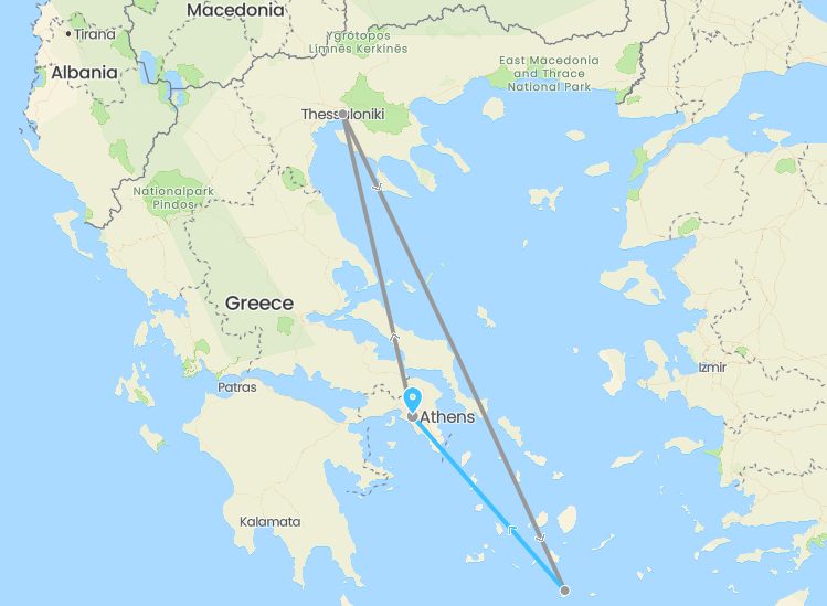 Map showing Greece and surrounding area with flight paths from Athens to Thessaloniki and Santorini.