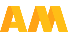 Yellow stylized "AM" logo, resembling folded ribbon.