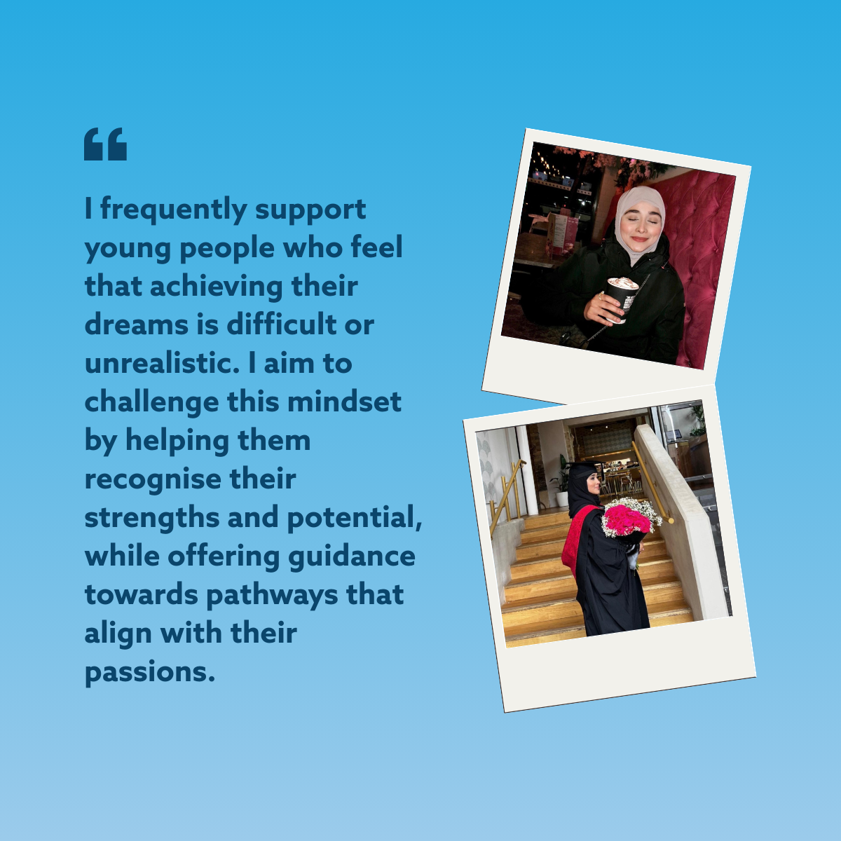 A blue graphic with a quote about supporting youth potential, alongside two polaroid-style photos of a person.