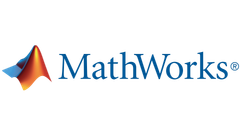MathWorks logo: abstract orange and blue wave shape, next to "MathWorks" in blue text.