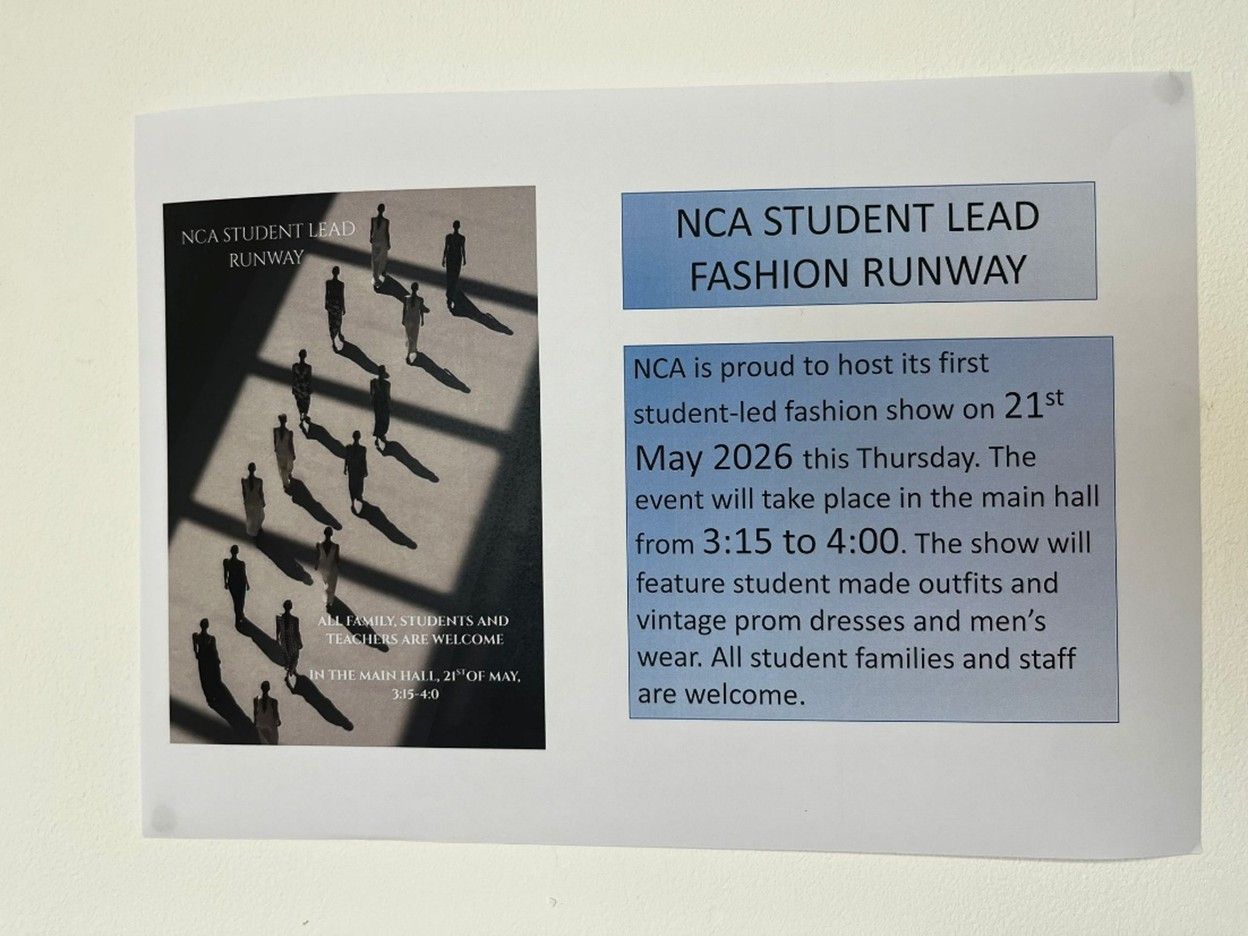 Flyer for NCA Student Lead Fashion Runway with event details on a blue note beside a black-and-white fashion poster