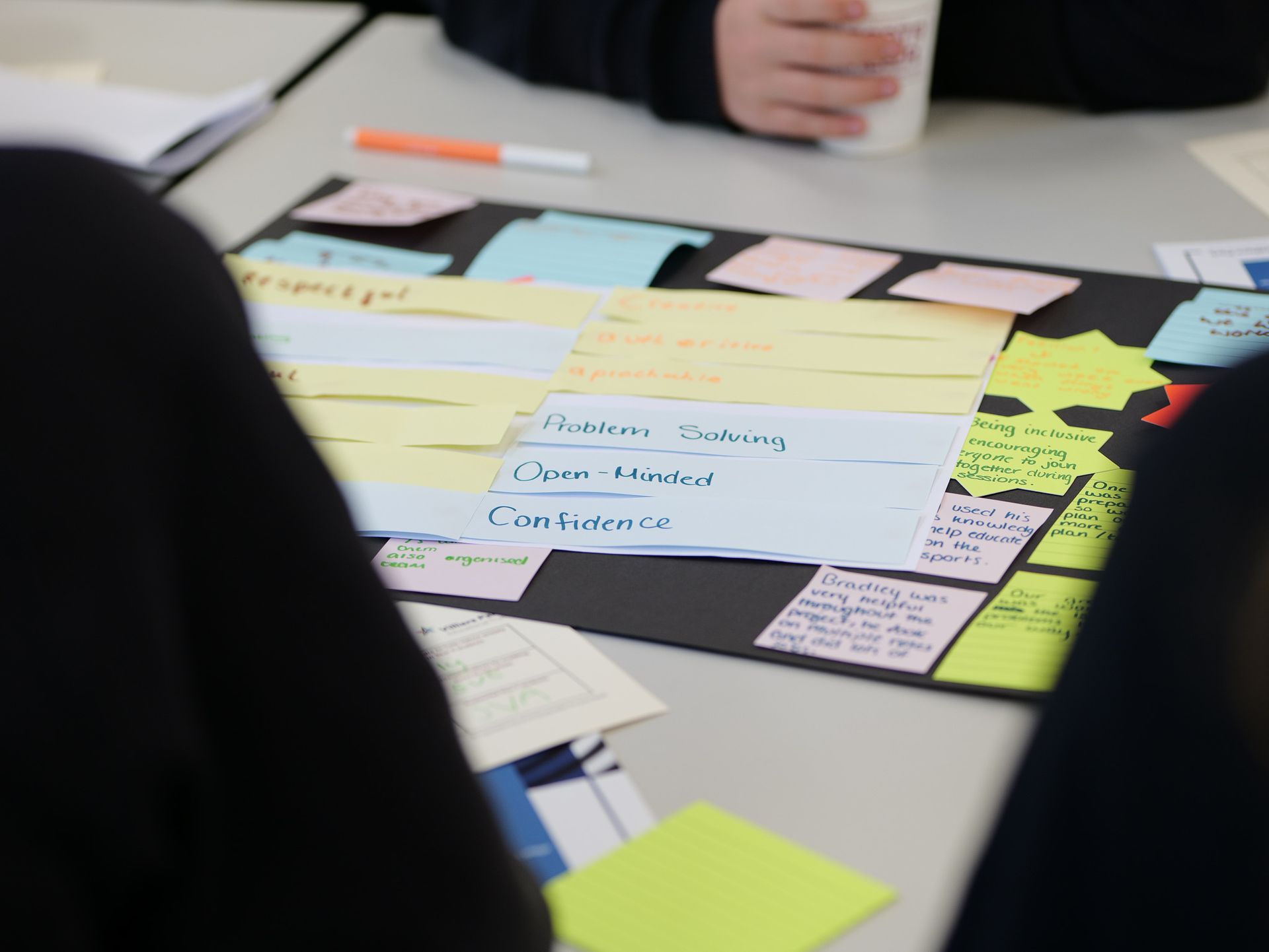 A person is sitting at a table with a bunch of sticky notes on it
