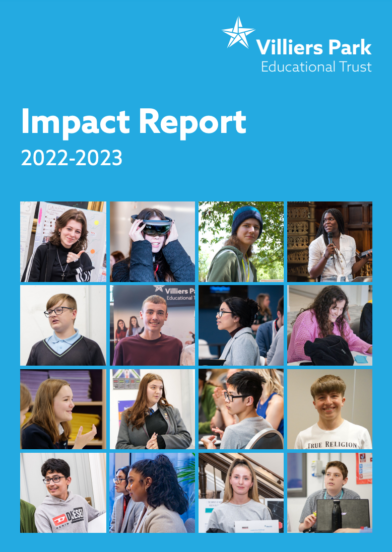 The cover of the villiers park educational trust impact report for 2022-2023.