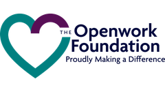 Logo for The Openwork Foundation, a turquoise heart intertwined with a purple heart, text on the right side.