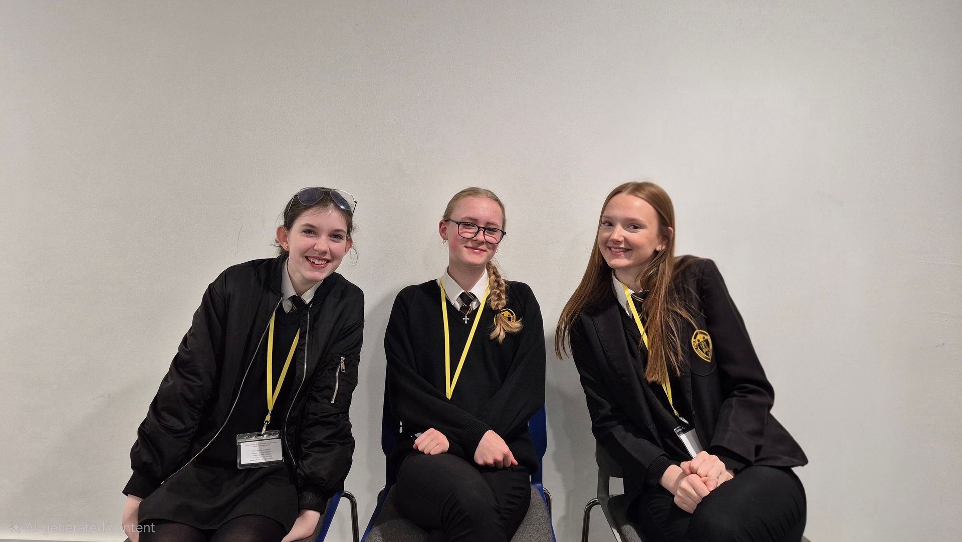 Three people in black outfits and yellow lanyards sitting and smiling against a plain wall