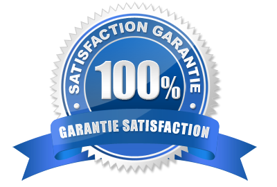 A blue satisfaction garantie satisfaction seal with a blue ribbon