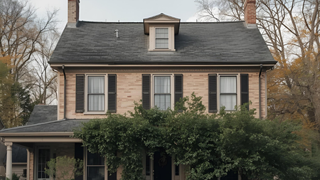 Two-story brick house with black shutters, dormer, and porch. Green bushes in front.
