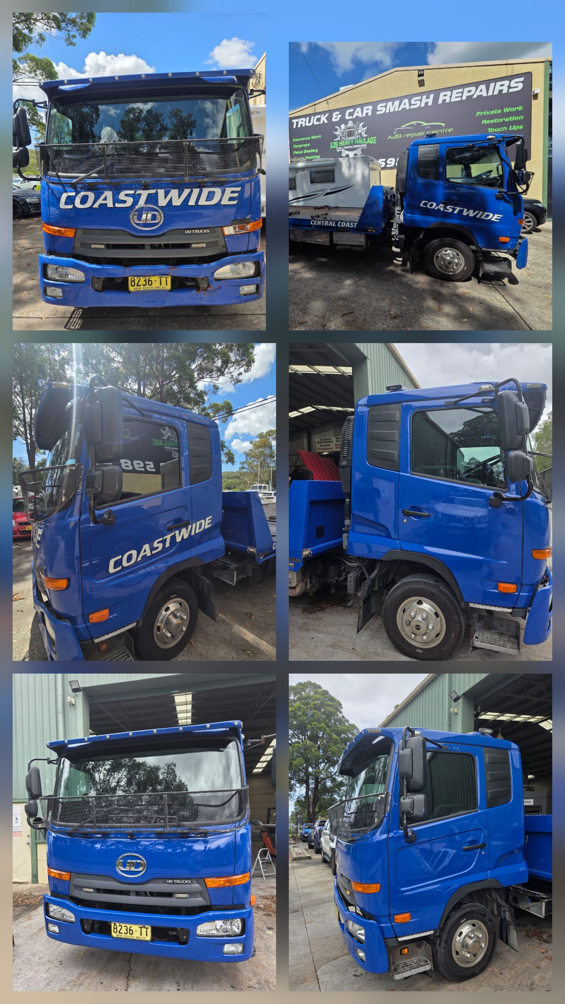 Blue Coastline dump truck shown from multiple angles — A2B Smash Repairs in Berkeley Vale, NSW