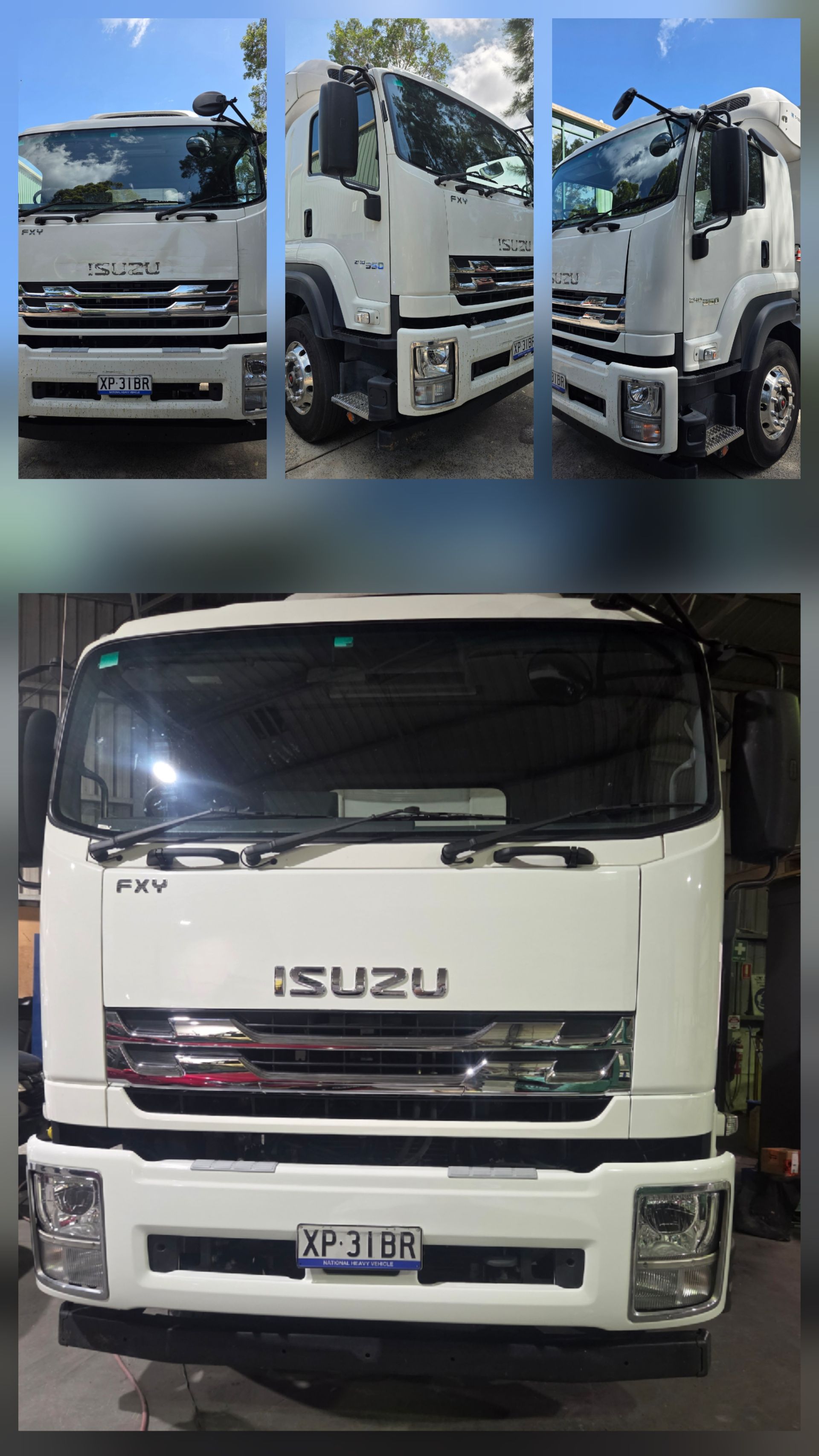Collage of a white Isuzu truck shown from front and side views — A2B Smash Repairs in Berkeley Vale, NSW