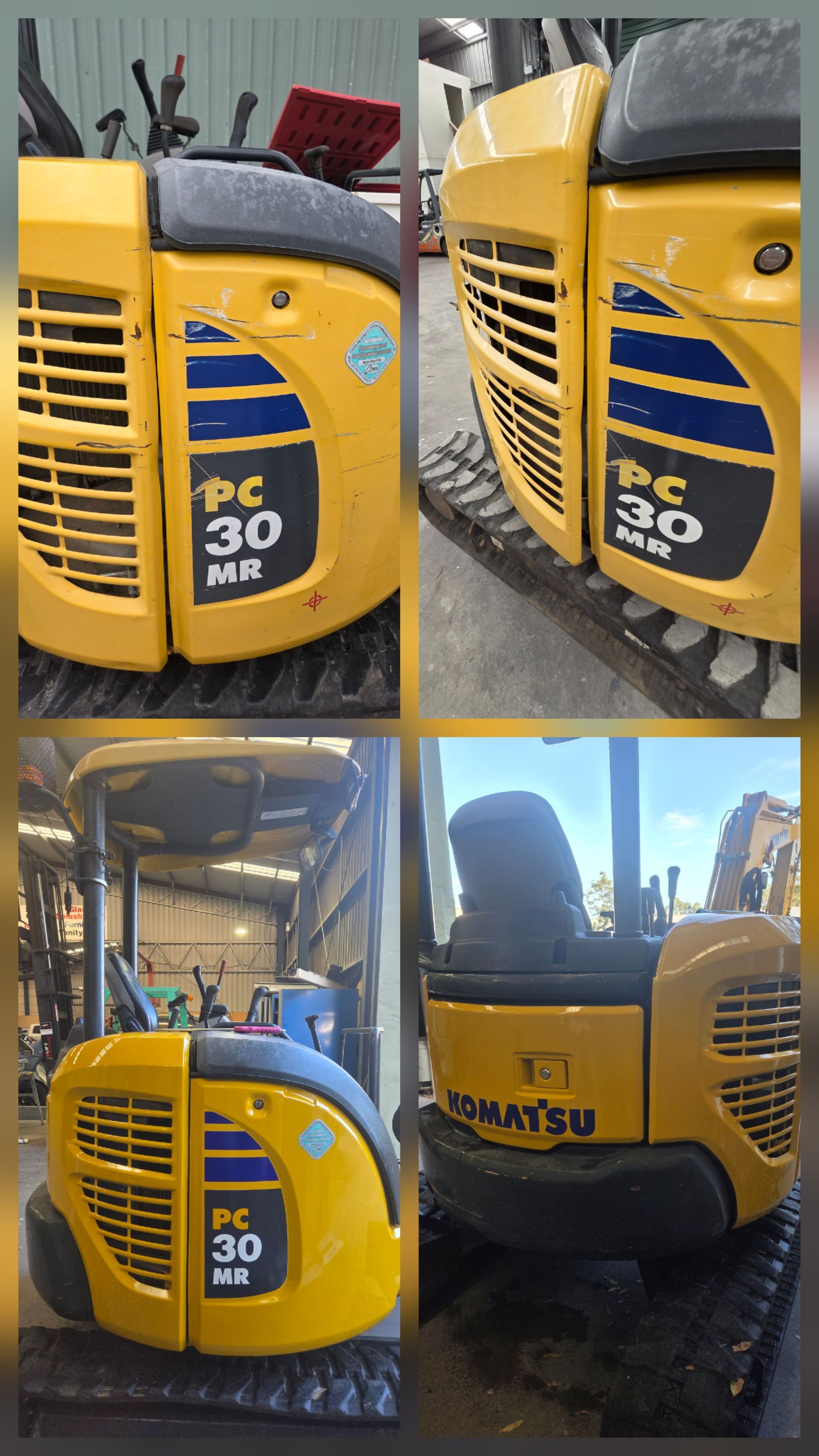 Yellow Komatsu PC30 mini excavator shown from multiple angles — A2B Smash Repairs in Berkeley Vale, NSW