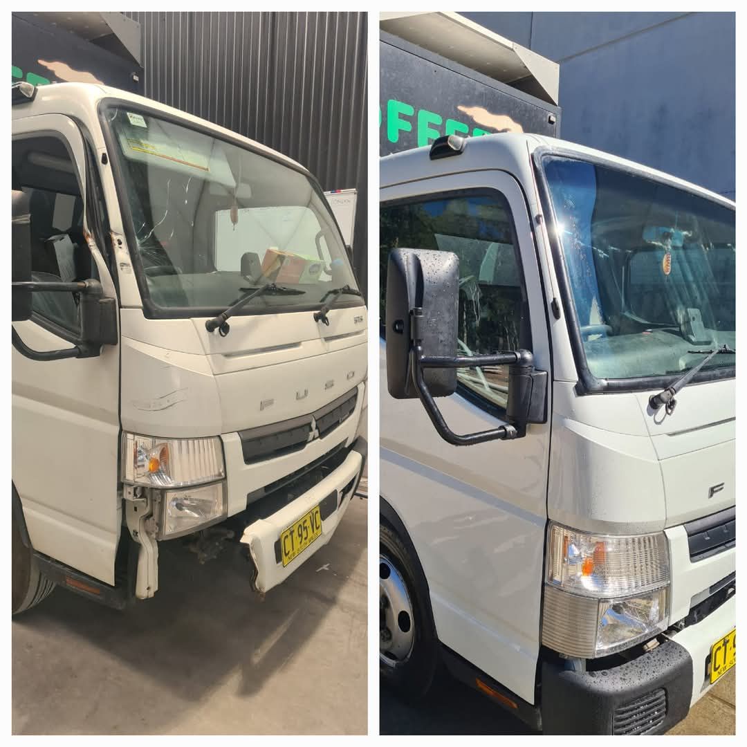 Two views of a white box truck — A2B Smash Repairs in Berkeley Vale, NSW