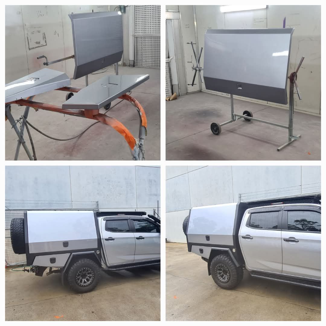 Foldable white vehicle canopy displayed in workshop and on a pickup truck outdoors — A2B Smash Repairs in Berkeley Vale, NSW