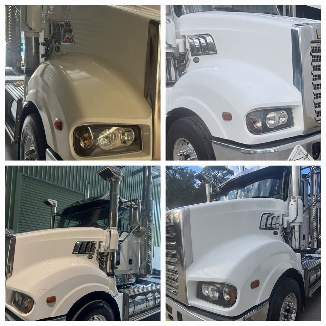 White semi-truck cab from multiple angles in a collage, parked indoors and outdoors — A2B Smash Repairs in Berkeley Vale, NSW