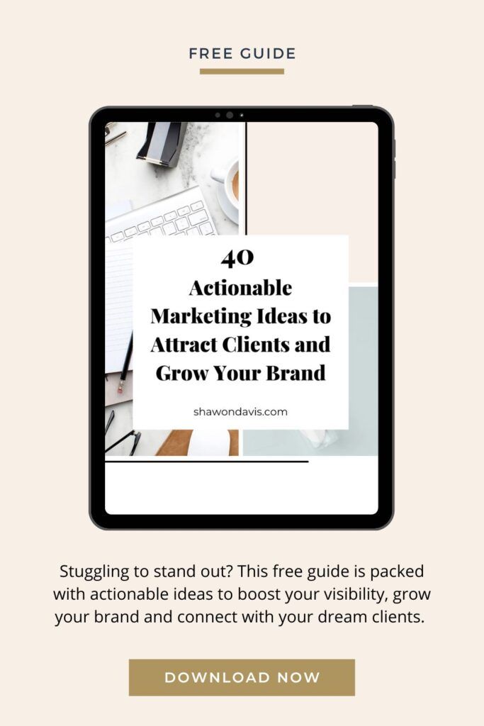 Free guide promo featuring a tablet mockup and text: “40 Actionable Marketing Ideas to Attract Clients and Grow Your Brand”