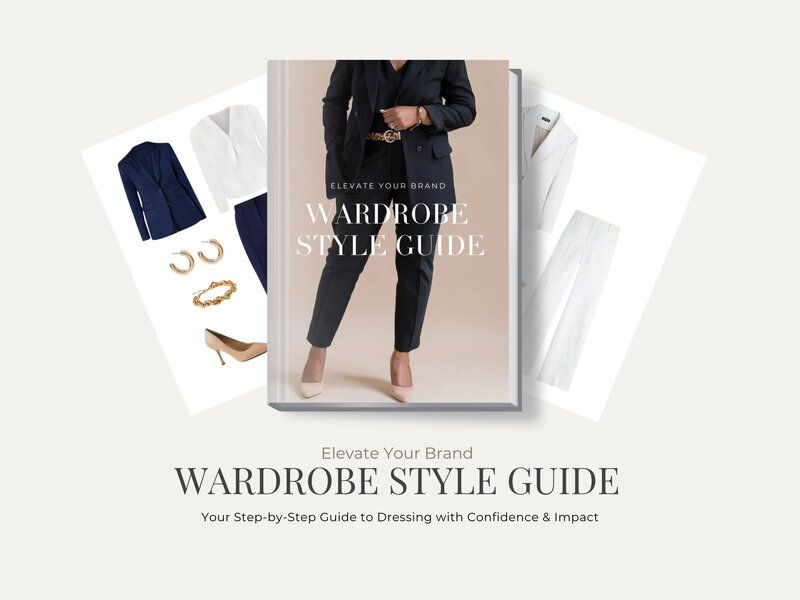 Wardrobe style guide cover with black outfit, flats, and jewelry on a soft beige background