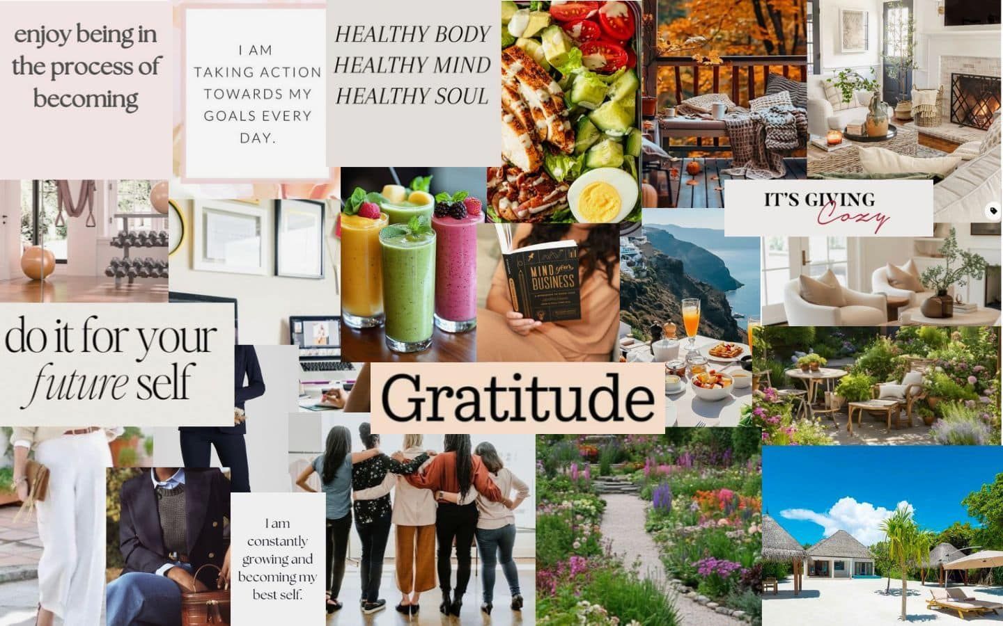 Collage of wellness and gratitude inspiration with healthy food, workouts, nature, travel, and motivational text