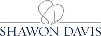 Shawon Davis logo with gray heart-shaped monogram above blue serif text