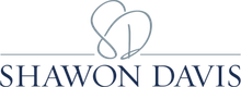 Shawon Davis logo with gray heart-shaped monogram above blue serif text